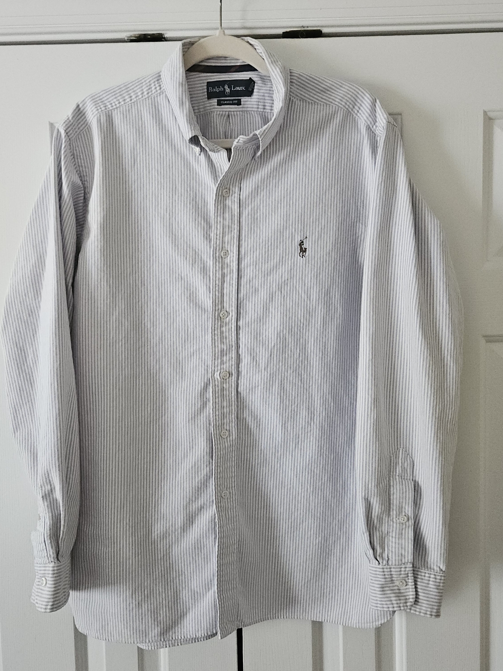 Ralph Lauren Classic Men's XL White/Lavender Striped Button-Down LS, Flesh Pony